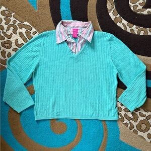 Du Jour Turquoise V-Neck Sweater With Removable Pink Striped Collar